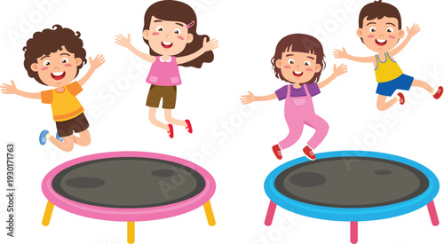 Children Jumping on Trampoline Isolated Illustration
