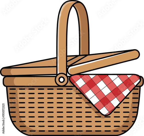 A traditional wicker picnic basket with an open lid revealing a red and white checkered cloth, ready for outdoor leisure.