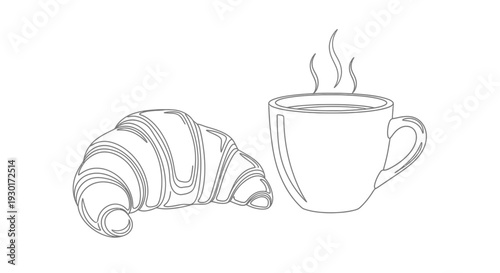 Fresh Croissant and Hot Coffee Cup with Steam - Simple Line Art Drawing