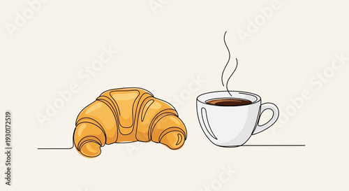 Fresh Croissant and Hot Coffee Cup with Steam - Minimalist Line Art