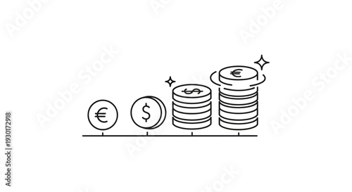 Growing Money Stack: Euro and Dollar Coins Ascending Bar Chart, Financial Growth Concept