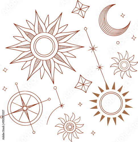 Brown celestial symbols including suns moons stars and compass