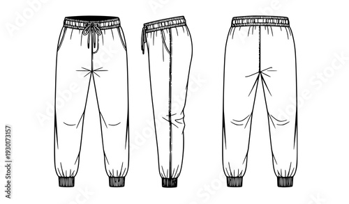 Jogger Sweat Pants Fashion Flat Technical Drawing Unisex CAD Vector Template