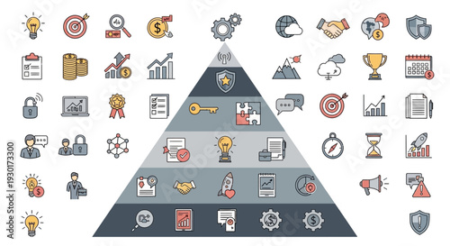 Business Strategy Pyramid and Corporate Growth Icons

