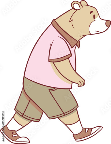 Cartoon bear walking in pink shirt and khaki shorts
