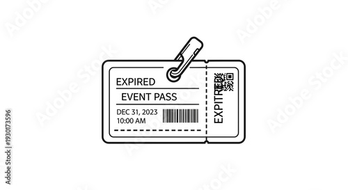Expired Event Pass Ticket with QR Code and Barcode, Deadline Concept