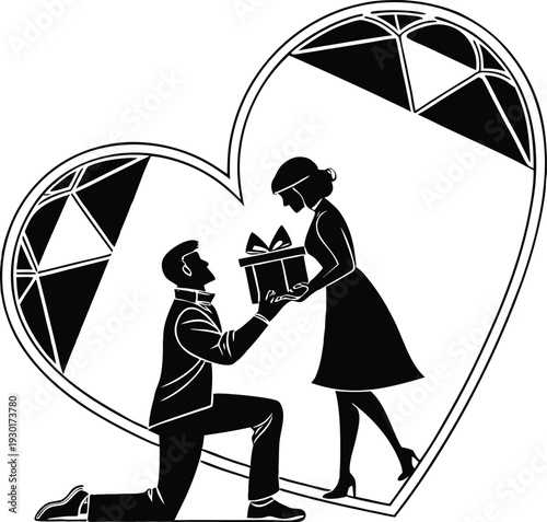 Man proposing to woman with gift box in front of heart proposal