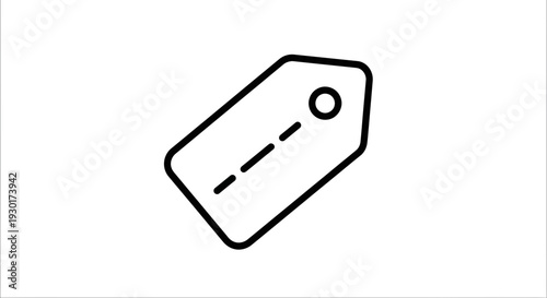 Black outline of a price tag or label with a dashed line and hole on a white background