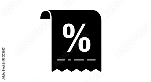 Black percentage icon on a receipt paper, representing discount, sale, or special offer