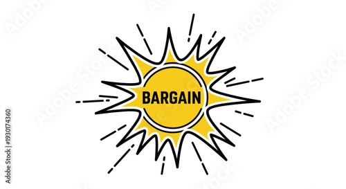 Bright Yellow Sunburst with "BARGAIN" Text - Sale, Discount, Offer, Deal, Promotion Concept