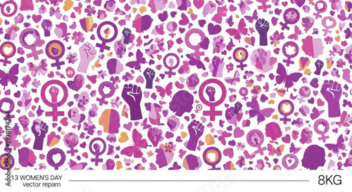 Vibrant purple and pink symbols celebrate women's day with hearts fists and gender equality icons on white background