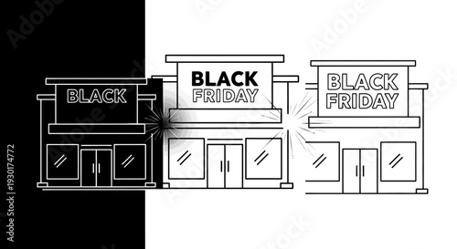 Black Friday Sale: Three Storefronts Illustrating Shopping and Discounts