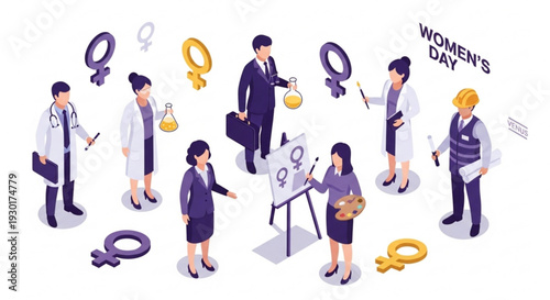 Diverse professionals celebrate women's day with equality symbols and teamwork