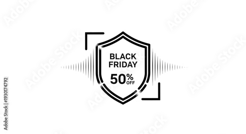 Black Friday Shield Icon with 50% Off Discount and Sound Waves