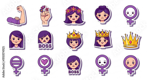 Collection of female empowerment icons with purple and gold elements cartoon style on white background