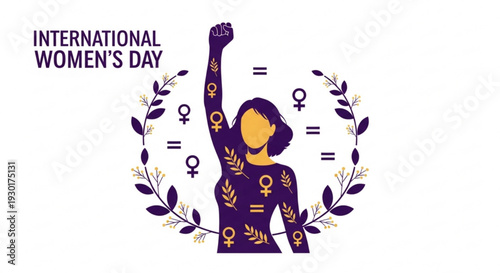 Empowered woman with raised fist celebrating international women's day surrounded by symbols and floral wreath