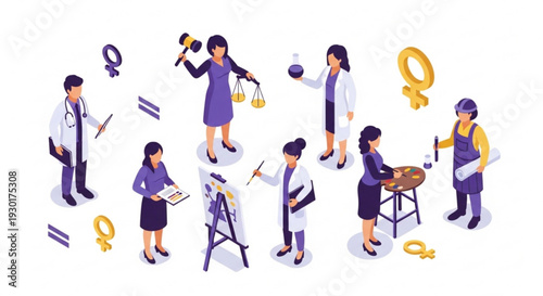 Professionals in various occupations with gender symbols around them representing equality in the workplace and diverse careers