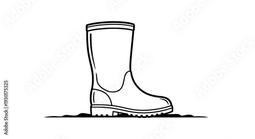 Black and White Outline Drawing of a Rubber Rain Boot Standing on Ground
