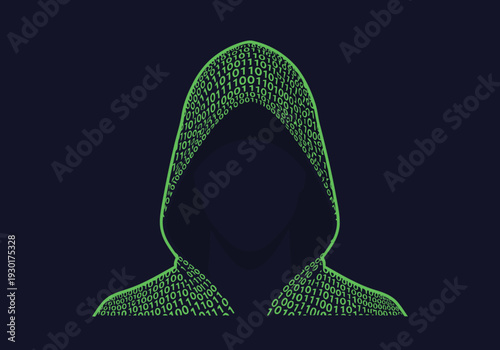 Anonymous hacker silhouette composed of green binary code on black.