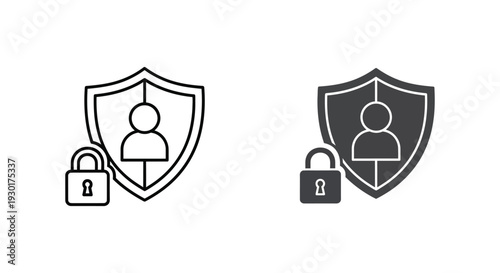 Vector graphic illustration depicting user data security protected by a shield and padlock icon set