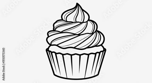 Black and White Outline of a Delicious Cupcake with Swirled Frosting