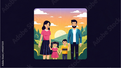 Family of four enjoying a serene sunset together in a peaceful landscape viewed from a slight elevation