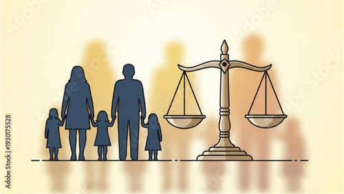 Family of four standing together with a large balance scale symbolizing justice and fairness in family matters illustration