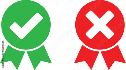 Green checkmark and red cross symbols on ribbons representing approval and disapproval. Vector