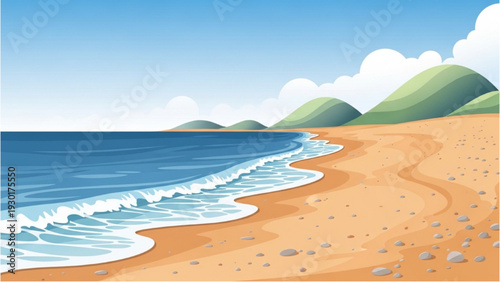 Serene beach scene with waves gently lapping sandy shore, rolling hills, and blue sky