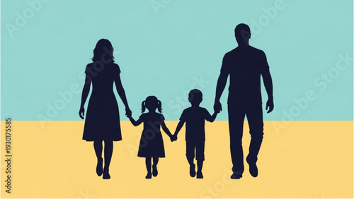 Family of three holding hands walking together in a serene landscape viewed from behind