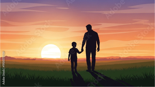 Father and son walking hand in hand through a serene landscape during a vibrant sunset