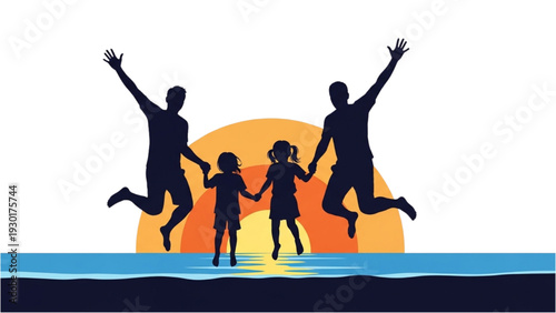 Family of three jumping together on beach at vibrant sunset