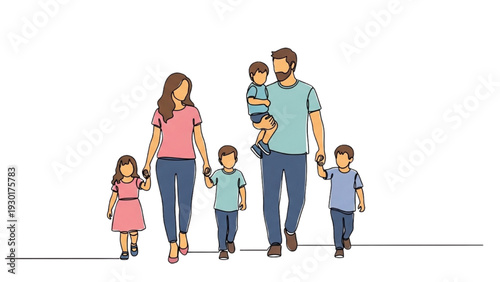 Family of six walking together, holding hands, in casual clothes, outdoors, in a bright environment, from a straight-on viewpoint