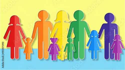Diverse family members holding hands in a rainbow-colored illustration of unity and togetherness