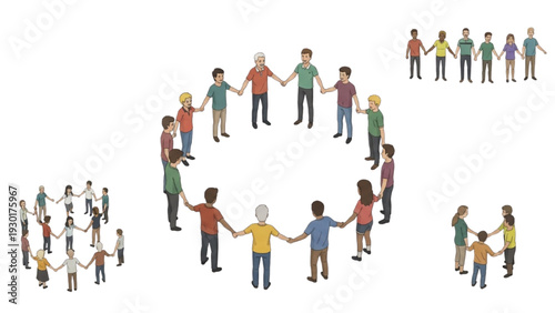 Diverse groups of people standing together in circular formations, holding hands, symbolizing unity and togetherness in a community setting.