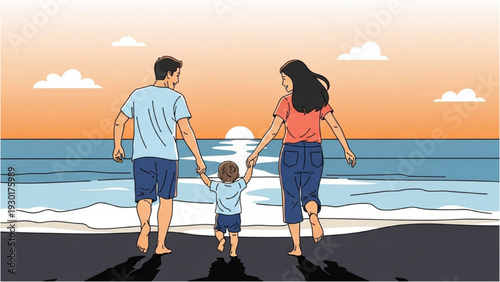 Family of three walking hand in hand on the beach at sunset with calm waves and clear sky