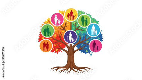 Diverse community represented by colorful human figures on a tree
