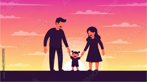 Family of three holding hands and walking together at sunset on a serene landscape