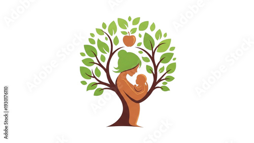 A mother tenderly holds her child amidst lush greenery in a serene tree illustration