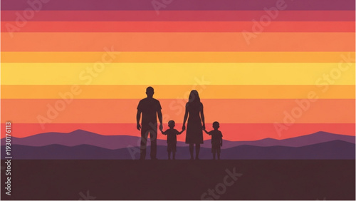 Family of four holding hands together watching a vibrant sunset over distant mountains