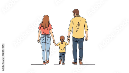 Family of three walking together, holding hands, viewed from behind in a casual stroll