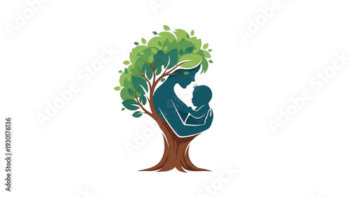 A mother tenderly embracing her child within a tree silhouette illustration