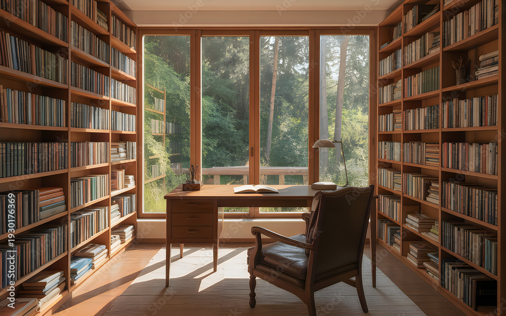 Fototapeta premium Serene home library with a cozy reading nook and abundant natural light
