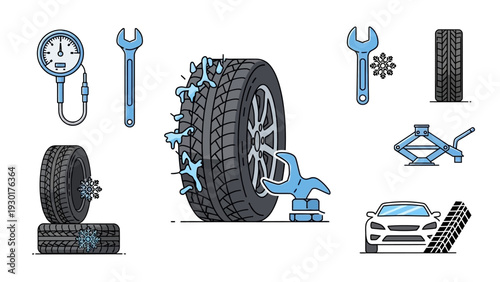 Tire changing and maintenance tools for winter driving safety