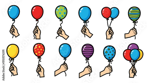 Colorful balloons in various patterns held by hands