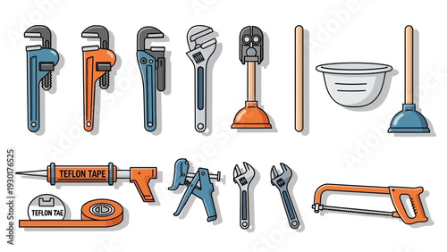 Colorful illustration of various plumbing and construction tools