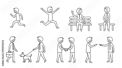Happy businessman in various dynamic stick figure poses