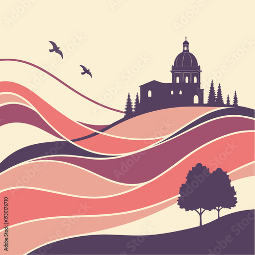 Abstract wavy landscape with silhouetted church, trees, and birds flying against a warm, soft sky