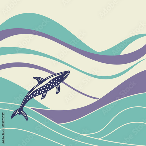 Stylized illustration of a leaping whale in abstract wavy purple and teal ocean waves.