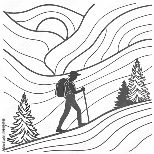 Silhouette of a backpacker with trekking pole climbing a hill with pine trees in stylized landscape.